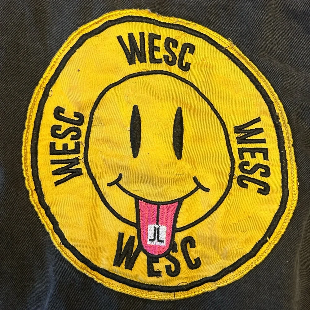 Conspiracy WESC Denim Jacket Unisex Black Smiley Face Trucker Mens m Women’s L - Picture 13 of 15
